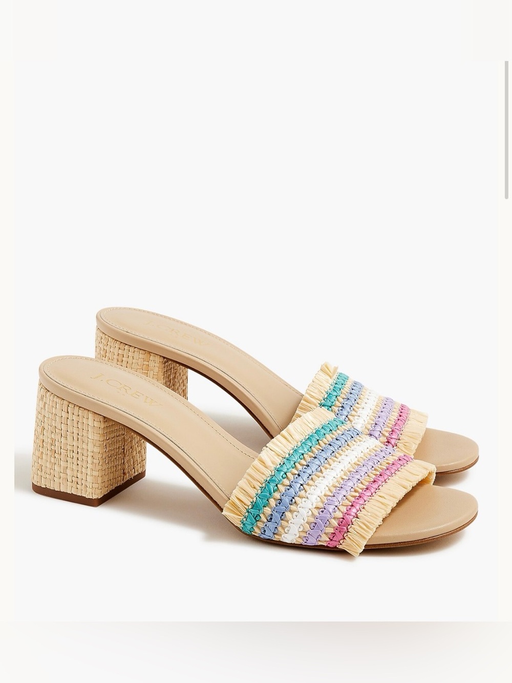 J.Crew Multicolor Raffia Fringe Block Heel Slide Sandals